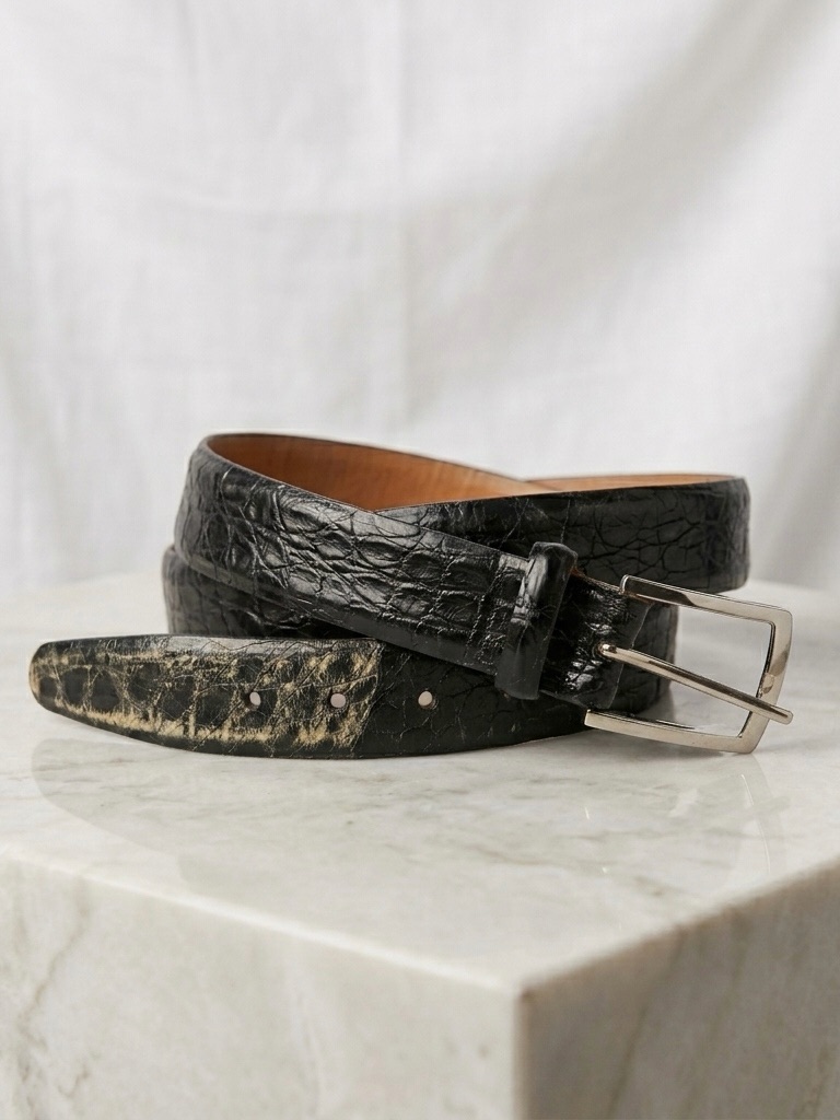 Martin Dingman Black Genuine Crocodile Leather Belt With Silver Buckle